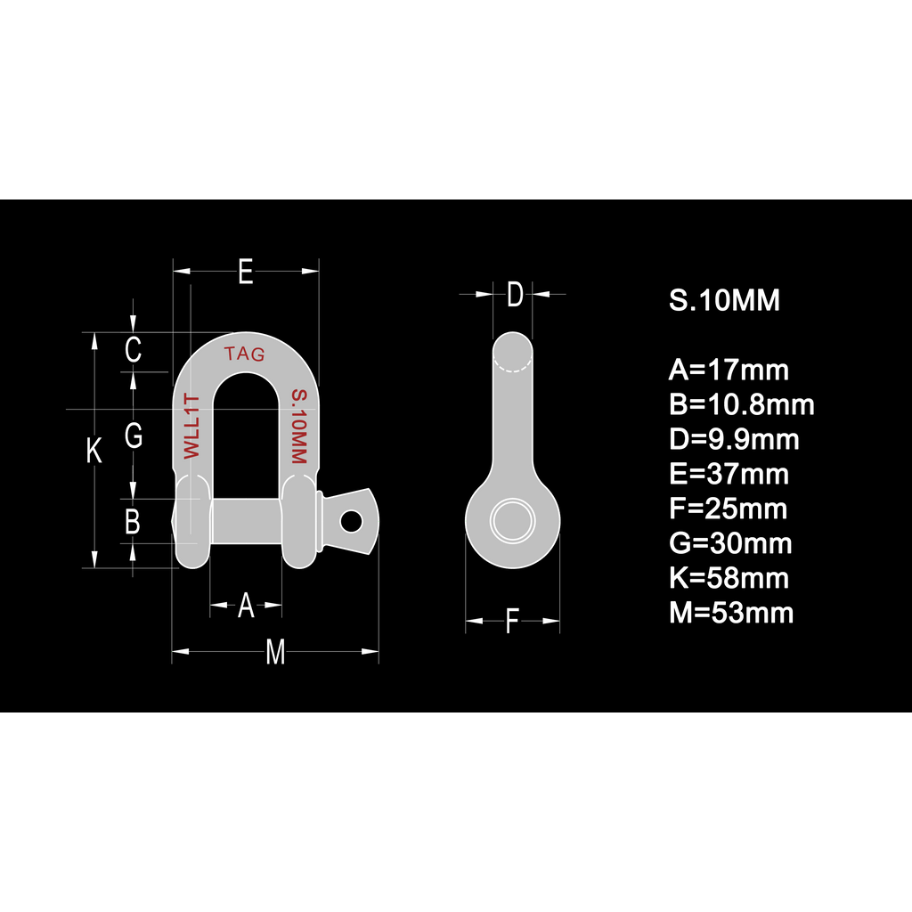 TAG D-Shackle - 10mm, 1000kg, Carbon Steel, Galvanised