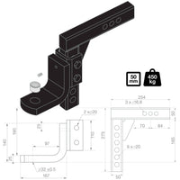 TAG Adjustable Heavy Duty Tow Ball Mount - 90° Face, 50mm Square Hitch