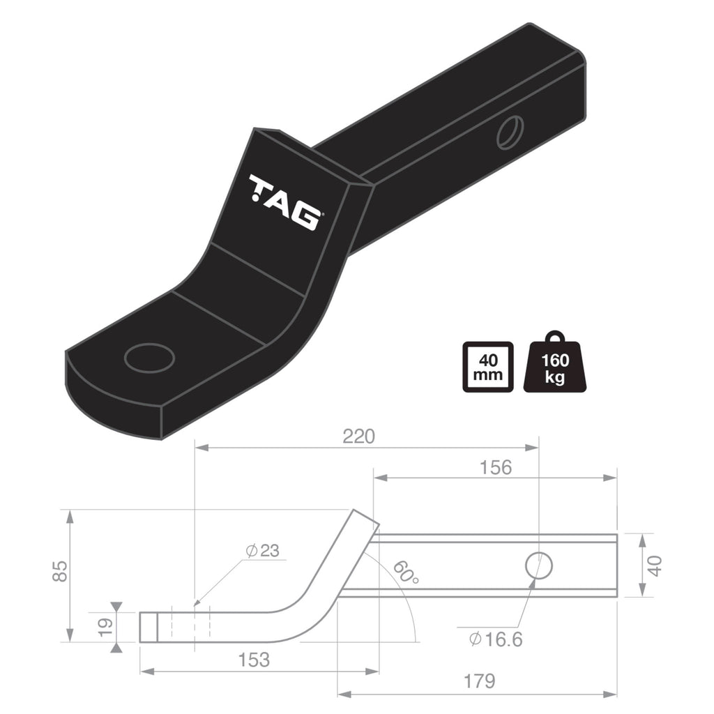 TAG Tow Ball Mount - 220mm Long, 135° Face, 40mm Square Hitch