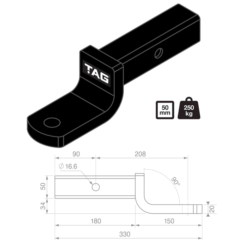 TAG Tow Ball Mount - 208mm Long, 90° Face, 50mm Square Hitch