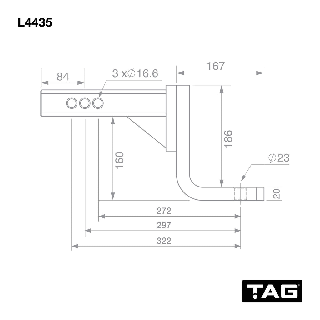 TAG Adjustable Tow Ball Mount - 297mm Long, 90° Face, 50mm Square Hitch